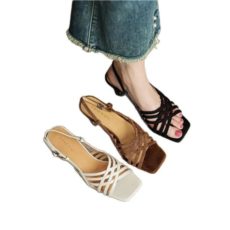 Retro-style women's high heel sandals with thin cross straps and an ankle buckle in light brown.