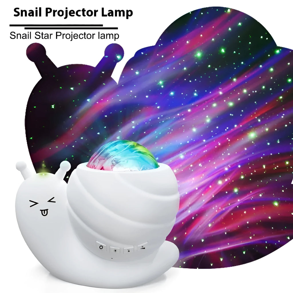 Blue snail-shaped USB projection night light with remote control on a table