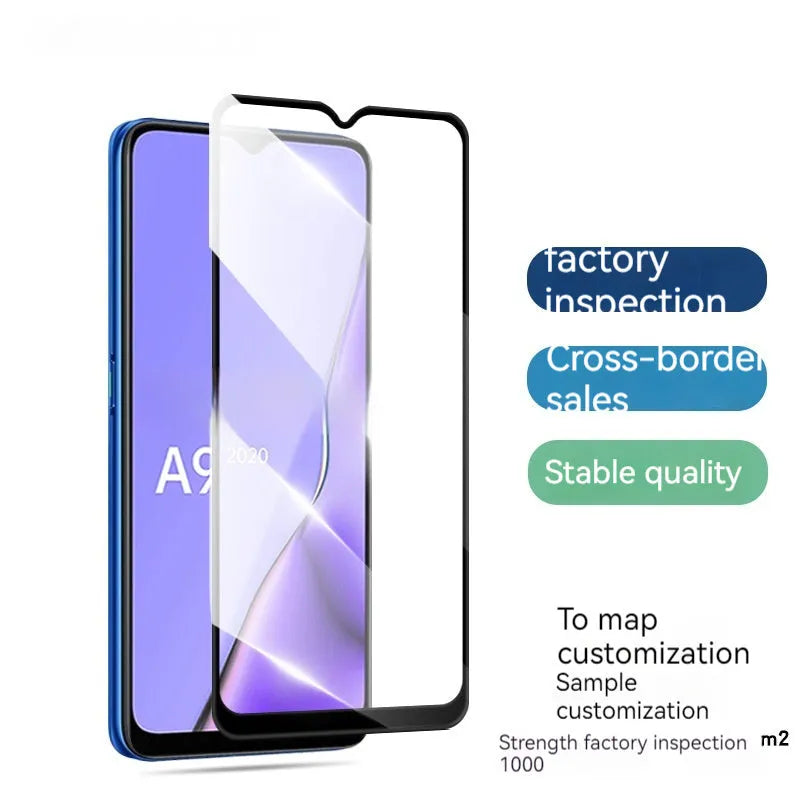 Full screen tempered glass protector for OPPO A9 2020 mobile phone showing full glue black design