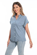Women's loose summer top with stand collar and button front in polyester fabric with raglan sleeves