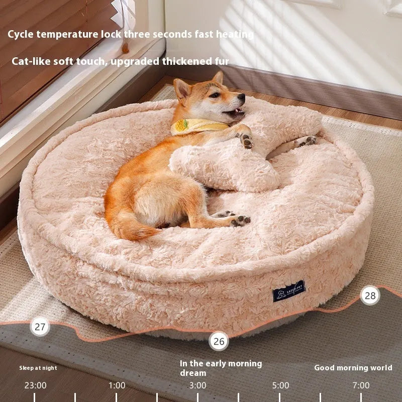 Milk tea colour round pet bed with a removable cloth cover on a wooden floor.