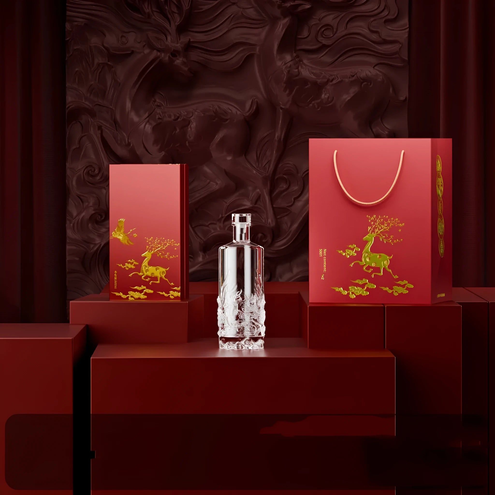 Two crystal glass wine bottles with deer design in a gift set with boxes and handbag