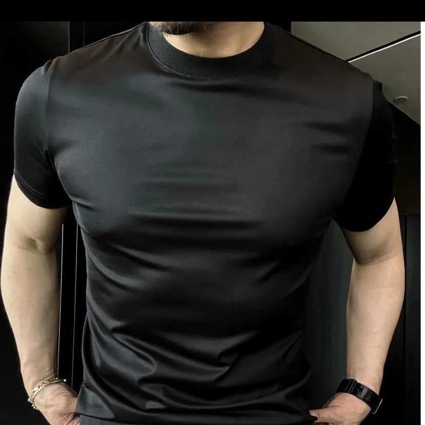 Ice Silk soft breathable round neck short sleeve T-shirt for men in black, dark gray, and light gray, sizes M to 4XL
