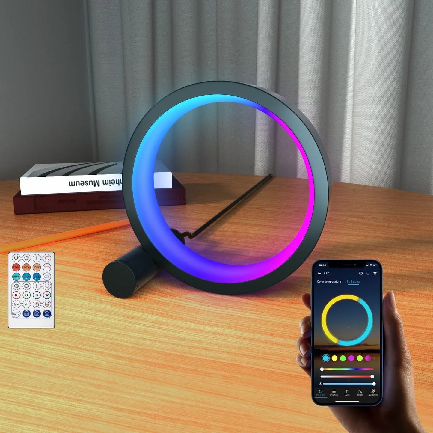 Customizable smart LED ambiance light with music-synchronized lighting, app control, and adjustable color and brightness settings