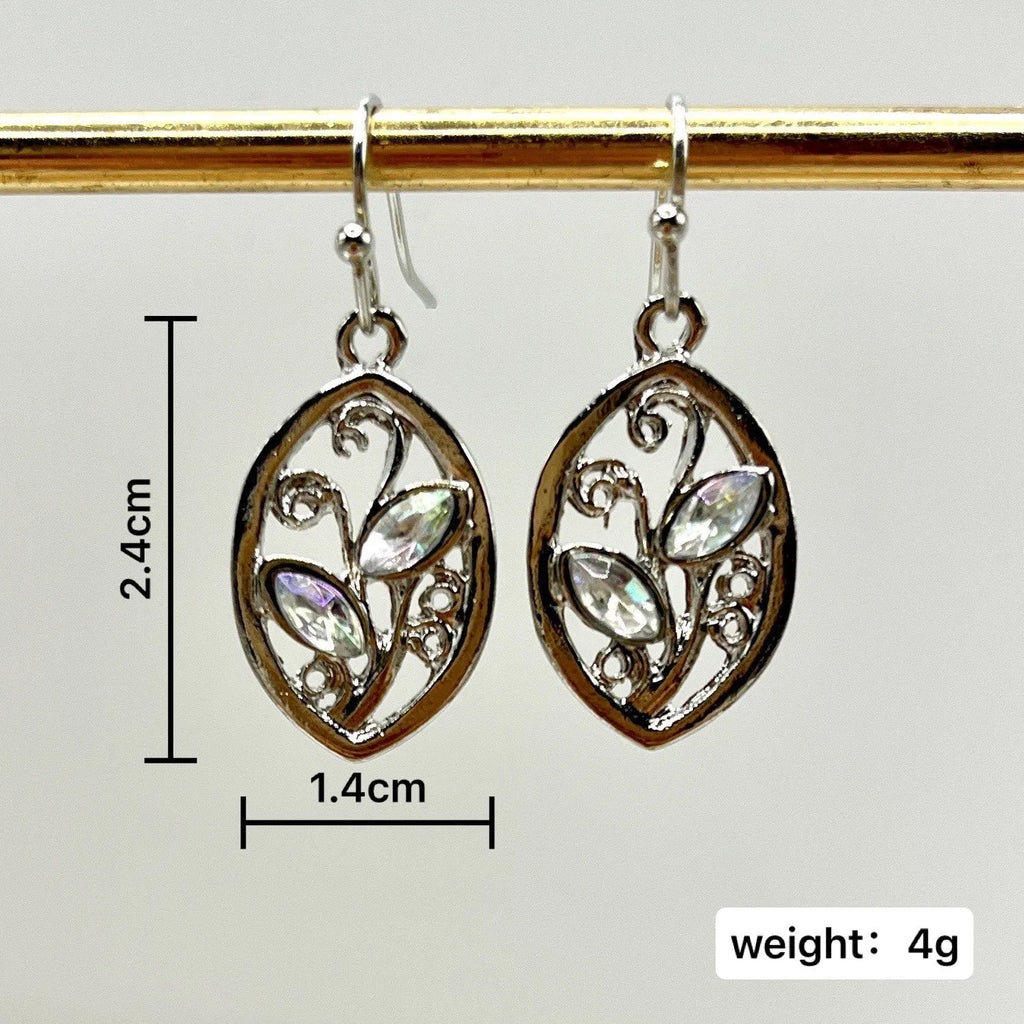 Silver colour leaf-shaped earrings with embedded colourful moonstones and European design elements