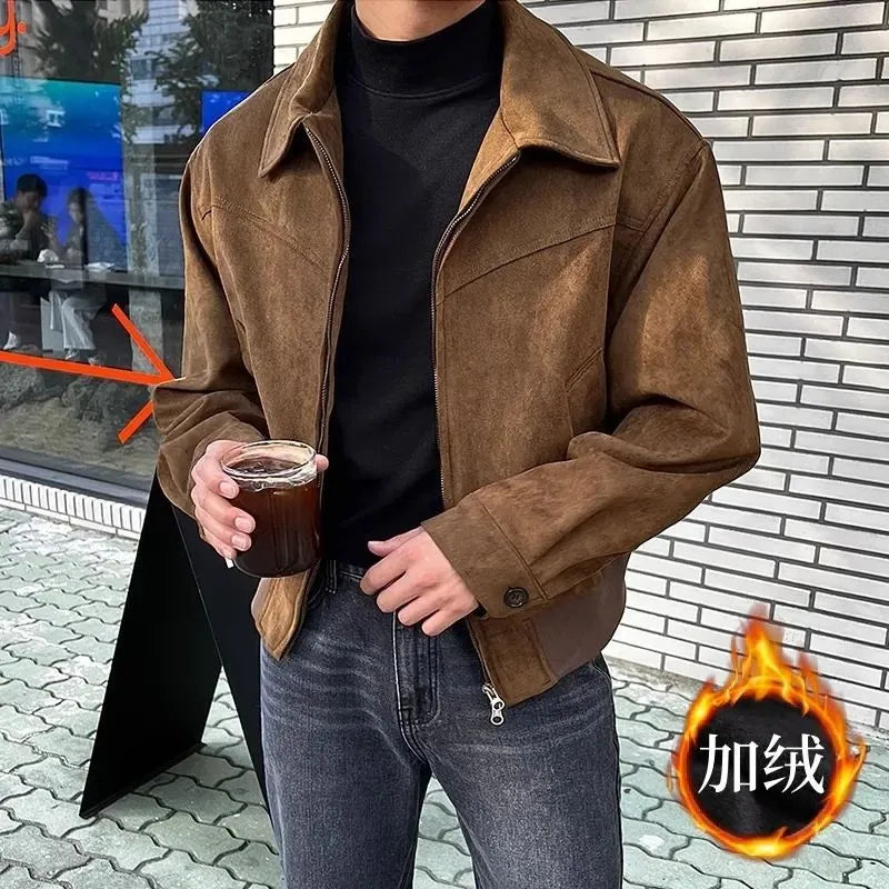 Loose fit Hong Kong style short jacket in brown suede fabric with lapel collar, front view