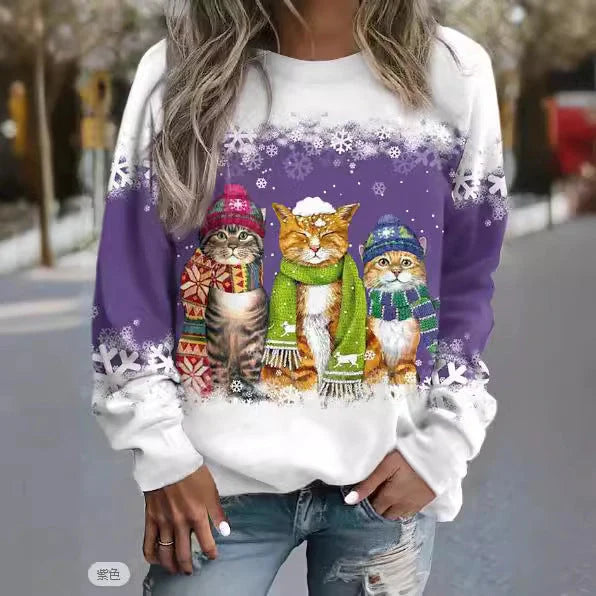 Women's festive snowman and cat print long sleeve t-shirt in loose fit