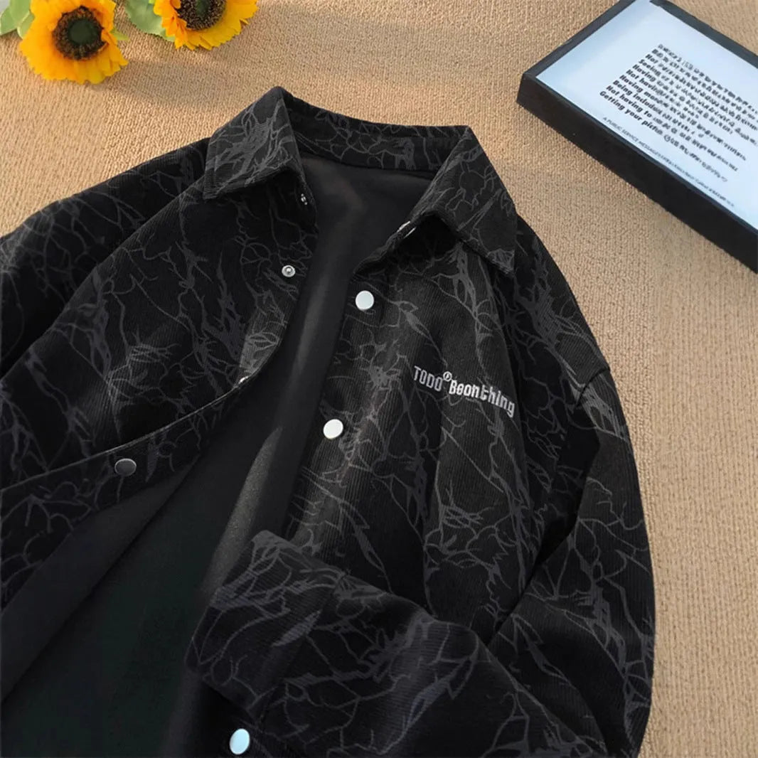 Men's embroidered corduroy shirt cardigan loose fit long sleeves black green front view