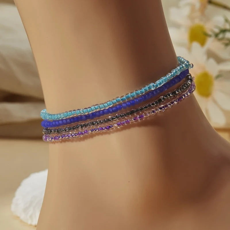 Luminous Bead Colored Beaded Anklet Bracelet in purple blue and yellow green