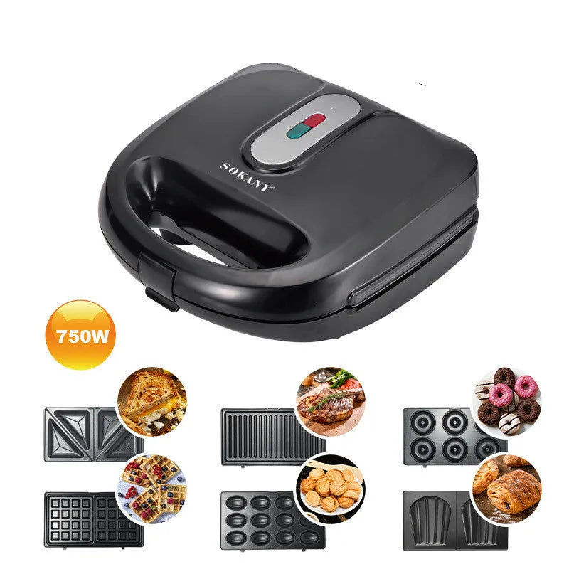 Black electric sandwich pan with double-sided heating and stainless steel lid on a kitchen counter.