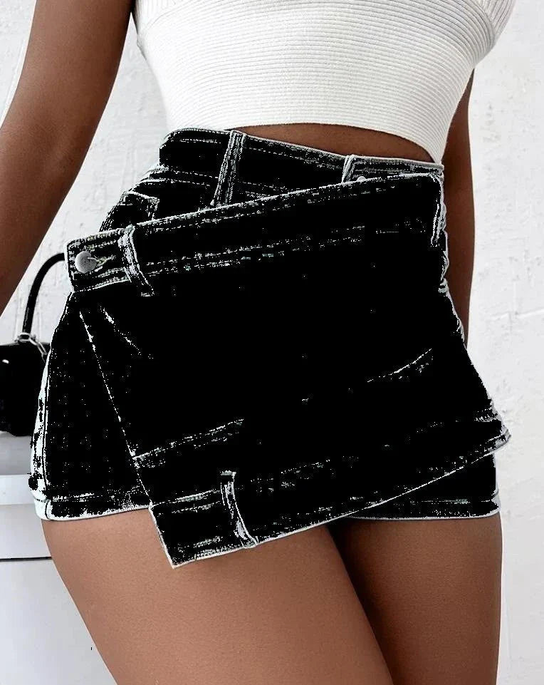 Stylish Y2K-inspired denim shorts with an asymmetrical hem, offering a trendy and comfortable fit.