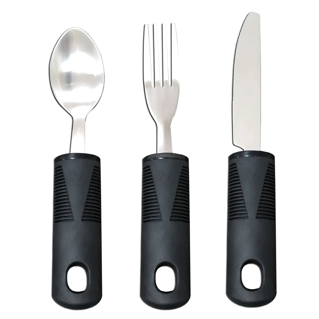 Stainless steel adaptive tableware with rubber handles including spoons and bendable utensils