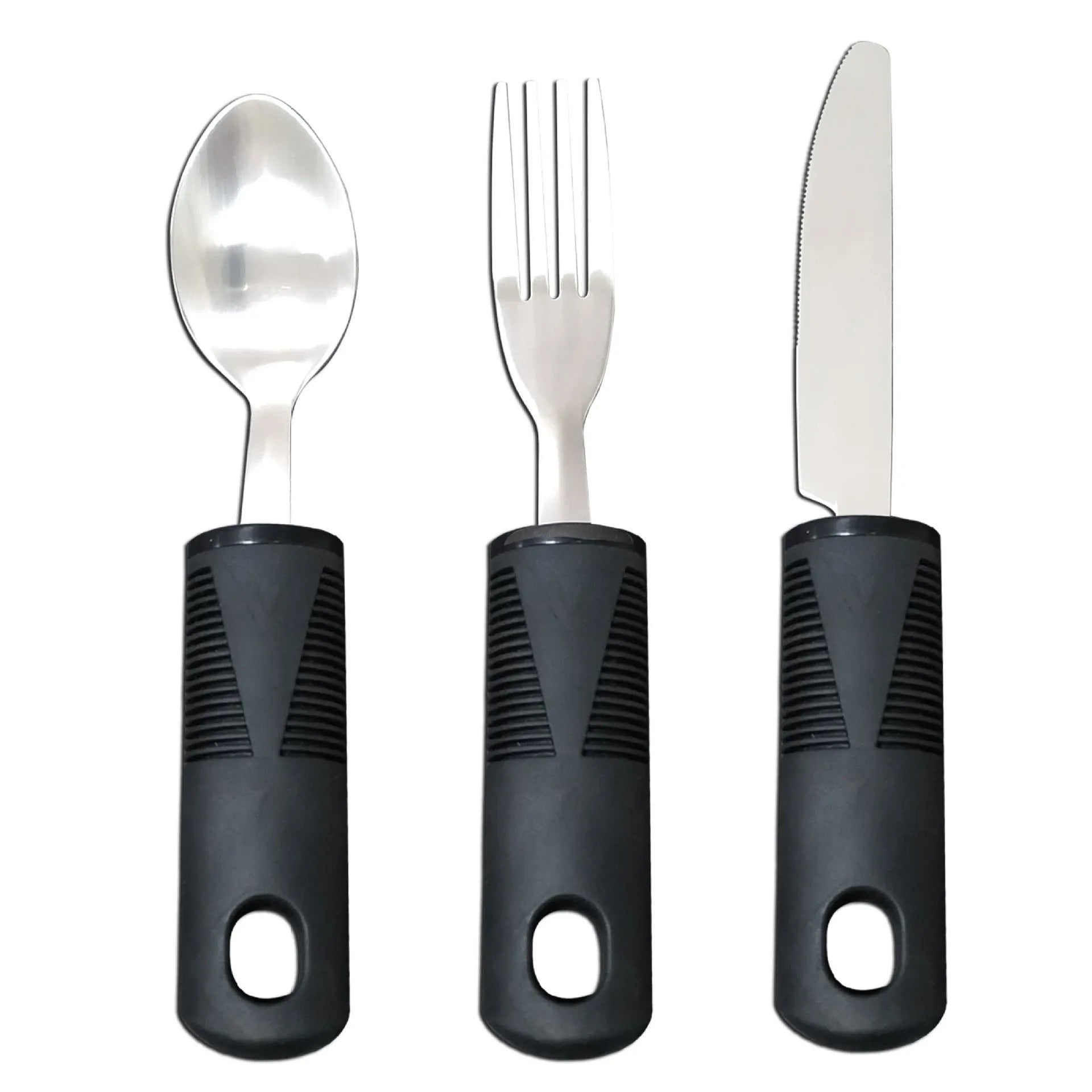 Stainless steel adaptive tableware with rubber handles including spoons and bendable utensils