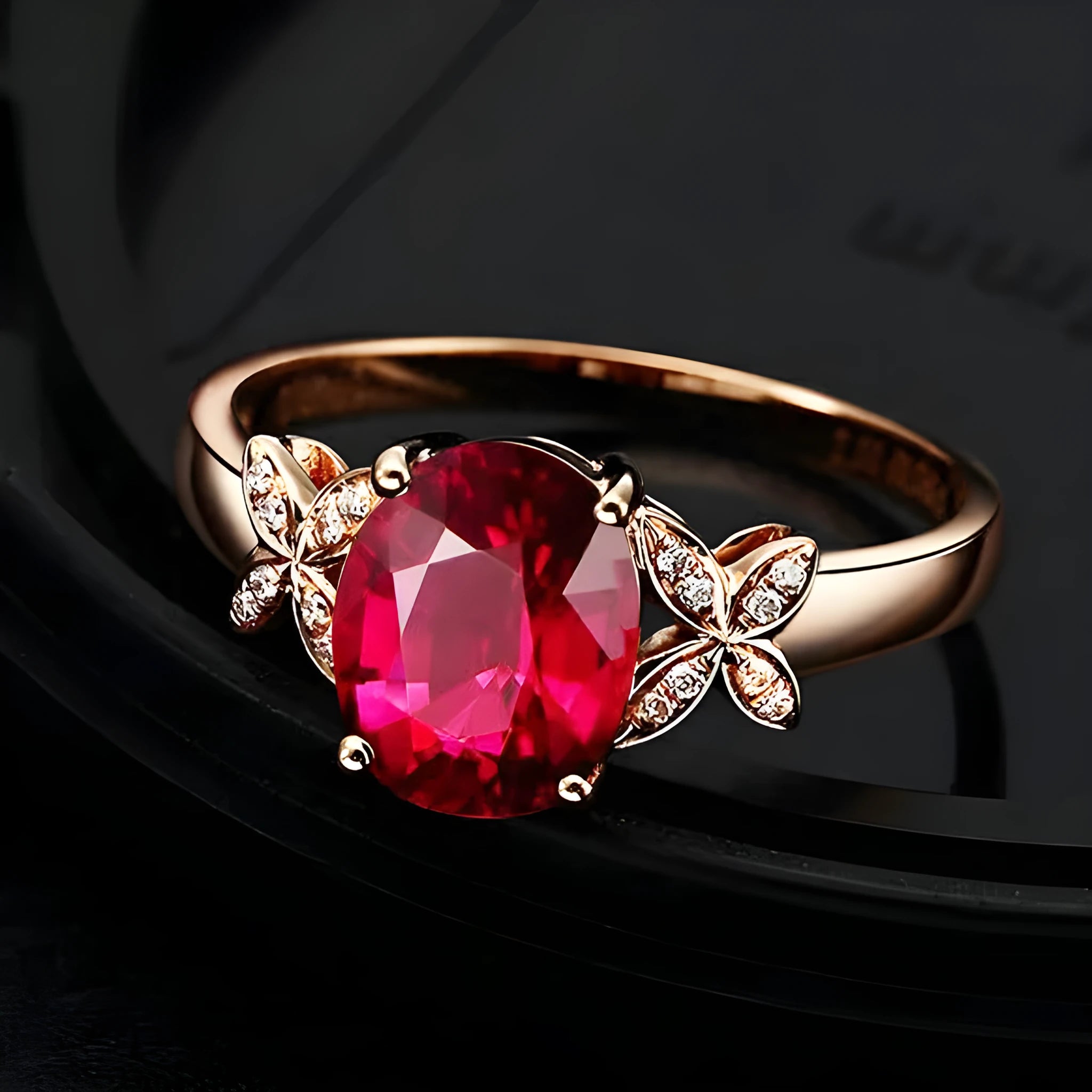 Women's butterfly ring with heart-shaped design and red or blue enamel options on rose gold plating