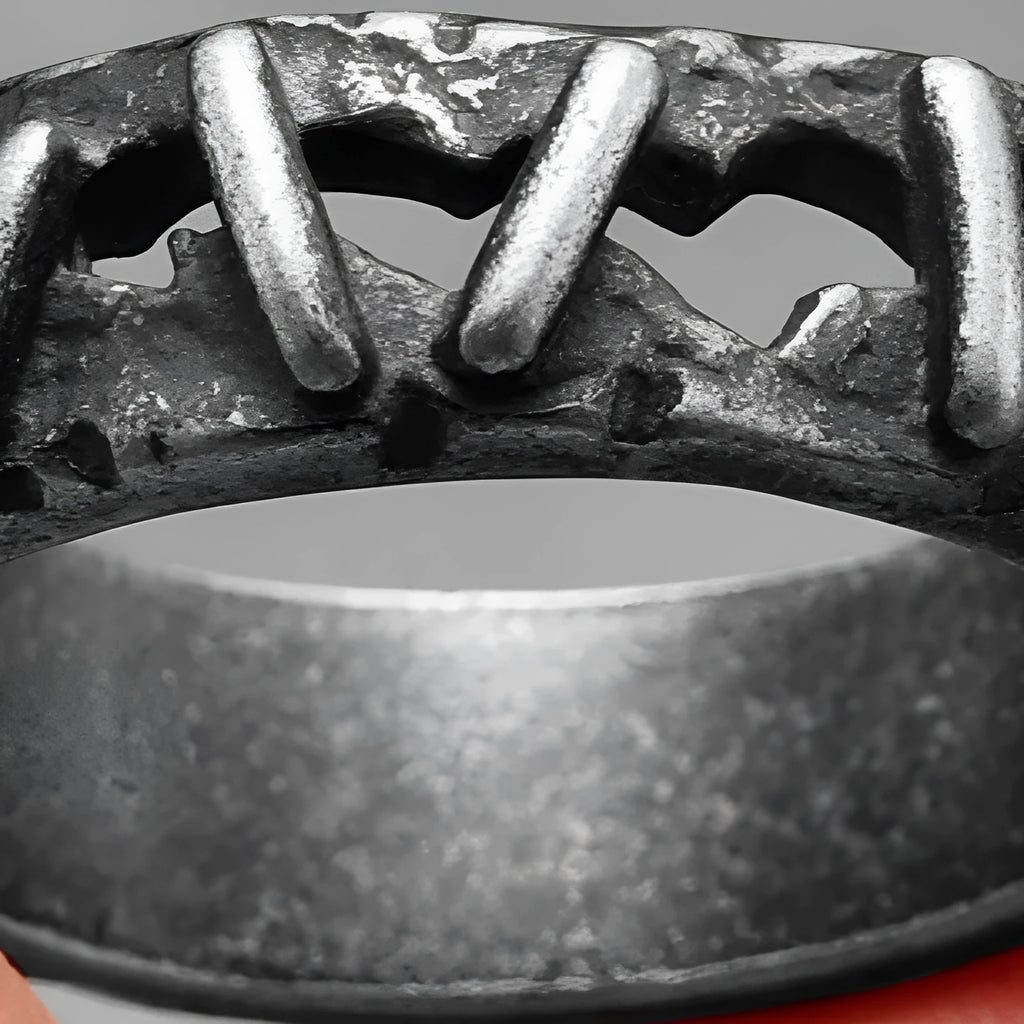 Close-up of a stainless steel double ring with a dark punk stitching design, shown in Style 2 colour.