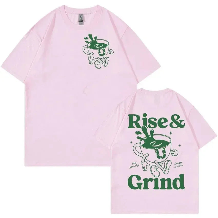 Rise And Grind Green Coffee expression printed on loose fit linen T-shirt
