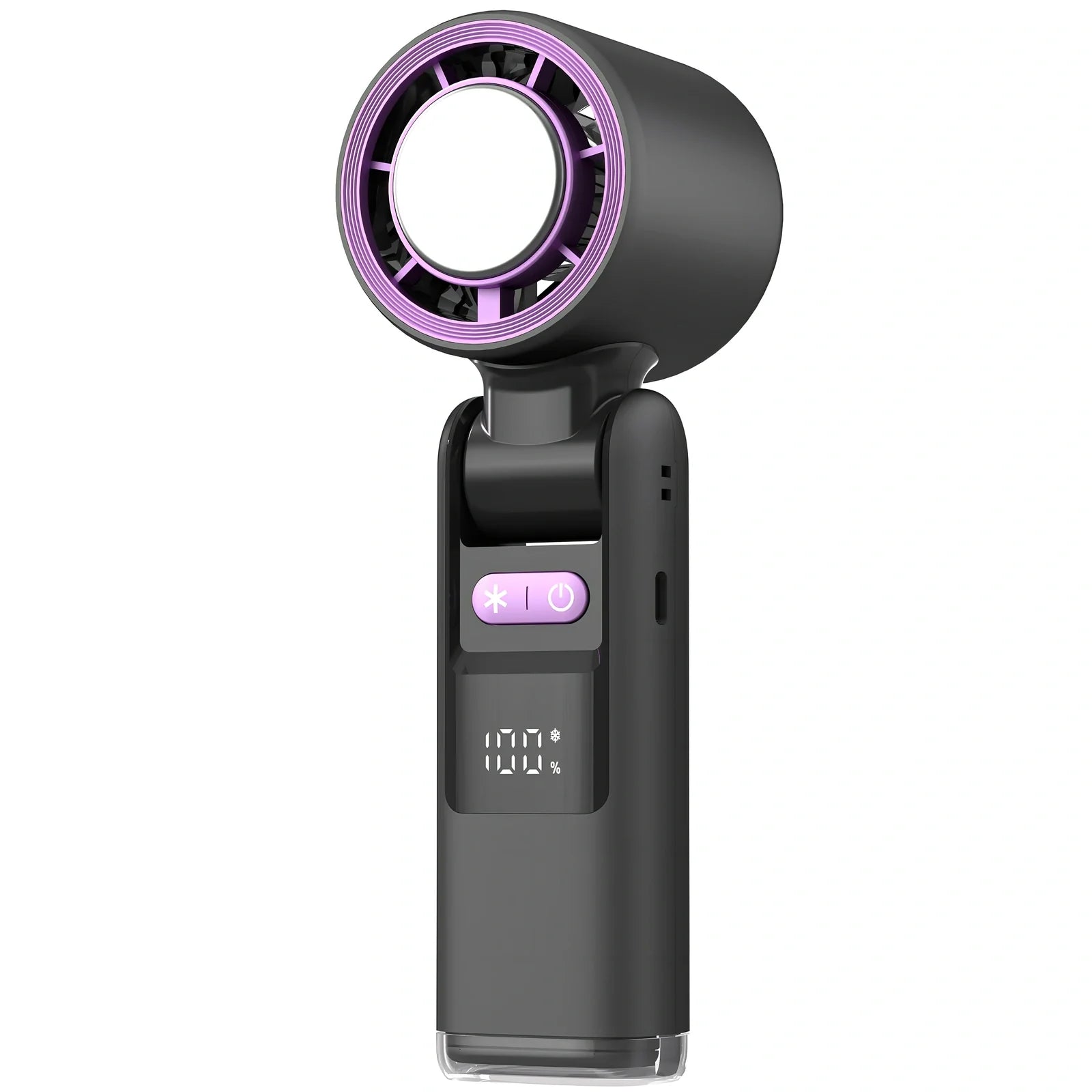 White USB-powered mini turbos fan folded 180° showing digital display and plastic blades, 63x57x176mm for portable camping cooling