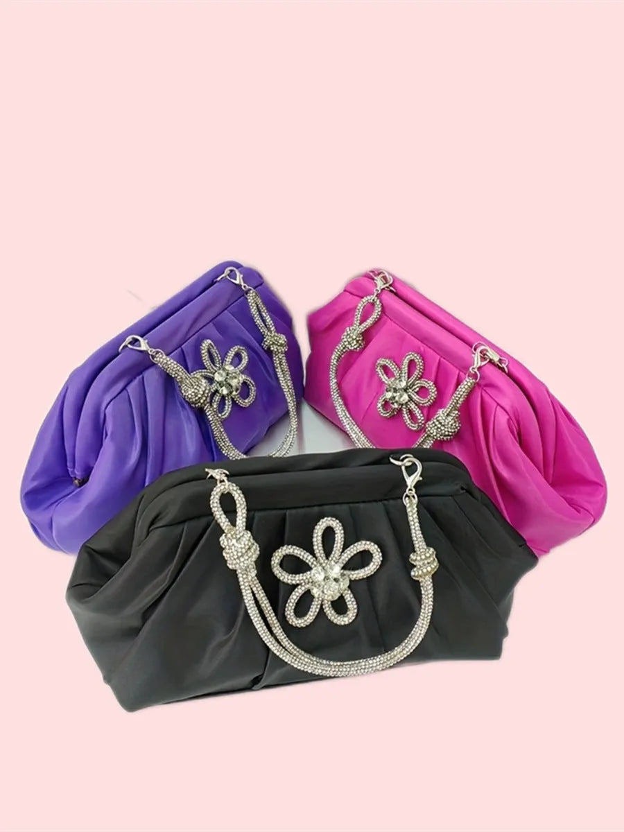 Soft polyester women's dinner messenger bag in shell shape with diamond pattern, shown in lavender purple.