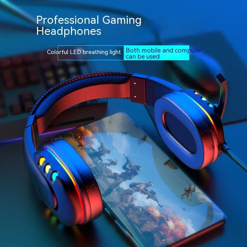 Black gaming headset with colourful LED lighting, omnidirectional microphone, and nylon-braided cable