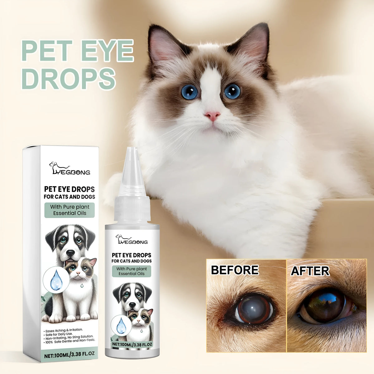 Dogs And Cats Eye Care Eye Drops 100ml bottle for pet eye cleaning, general use.