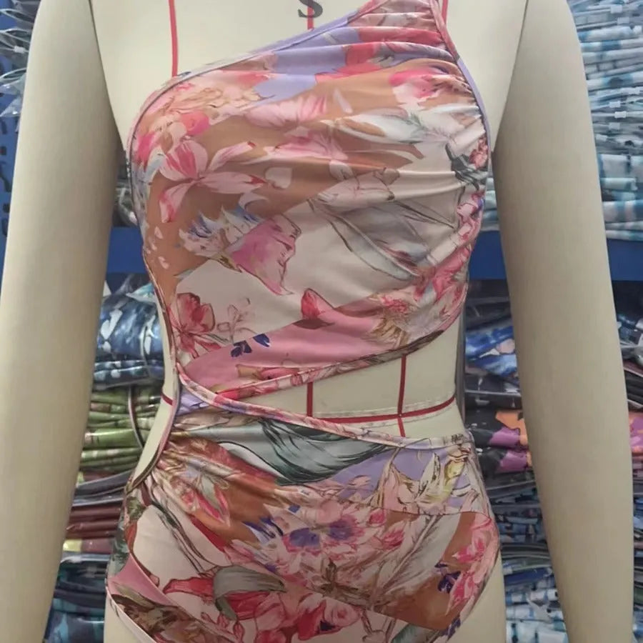 Rose gold patterned women's swimsuit for summer swimming in polyester fabric