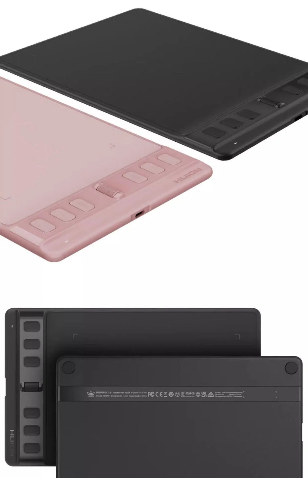 Hua Wang H641P digital drawing tablet with mobile connectivity in black or pink showing PW110 pen and dual work areas