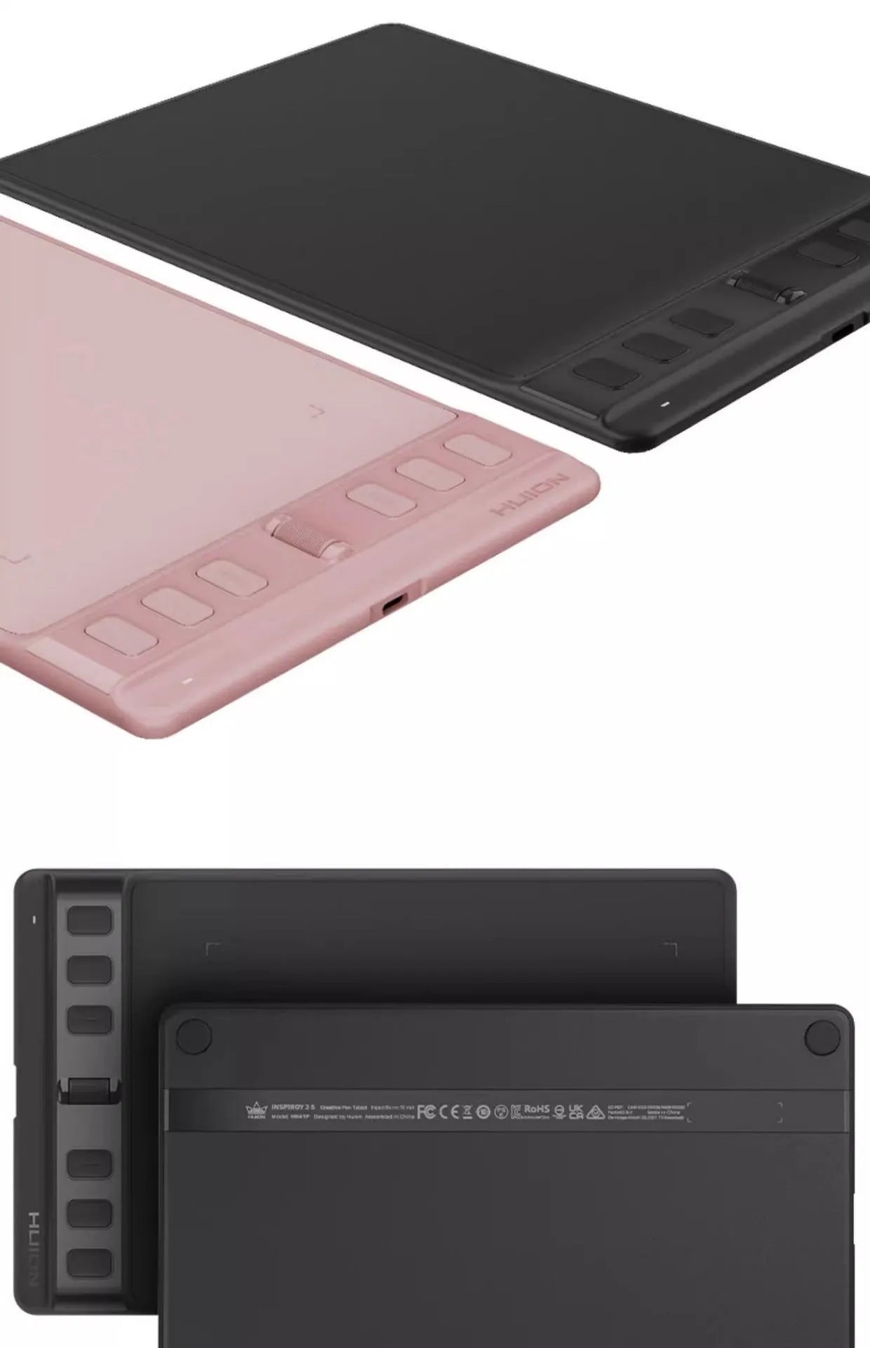 Hua Wang H641P digital drawing tablet with mobile connectivity in black or pink showing PW110 pen and dual work areas