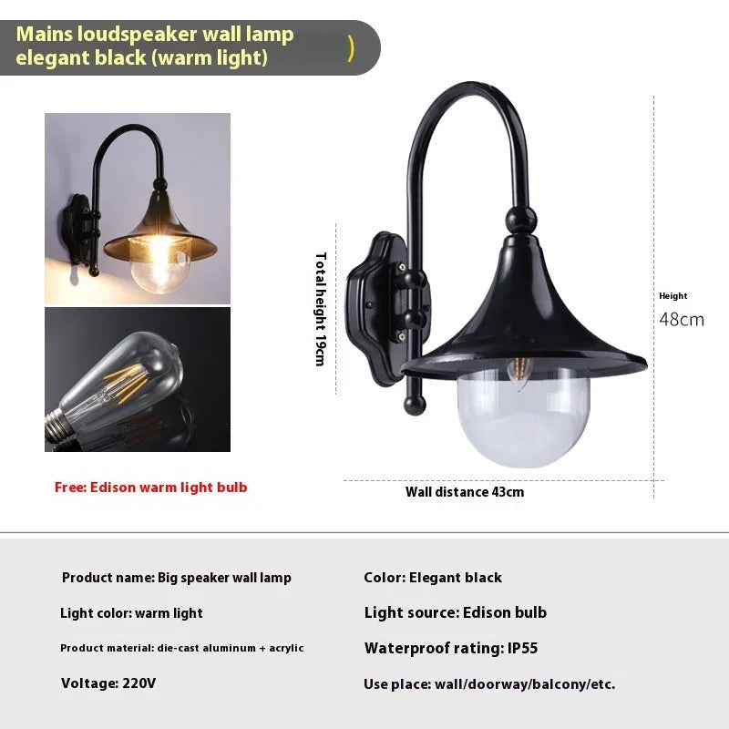 Horn-shaped outdoor wall lamp in aluminium with warm light, designed for gates, balconies, and garden walls