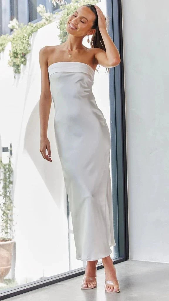 Summer tube top long dress with backless design and flowers print, available in multiple colours