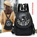 Soft PU leather dual-use chest backpack for ladies in black with visible sewing thread and zippered compartments