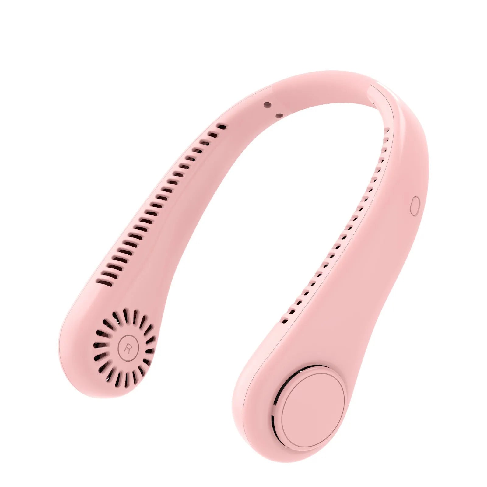 Rechargeable bladeless neck fan worn around neck showing decentralised air outlets