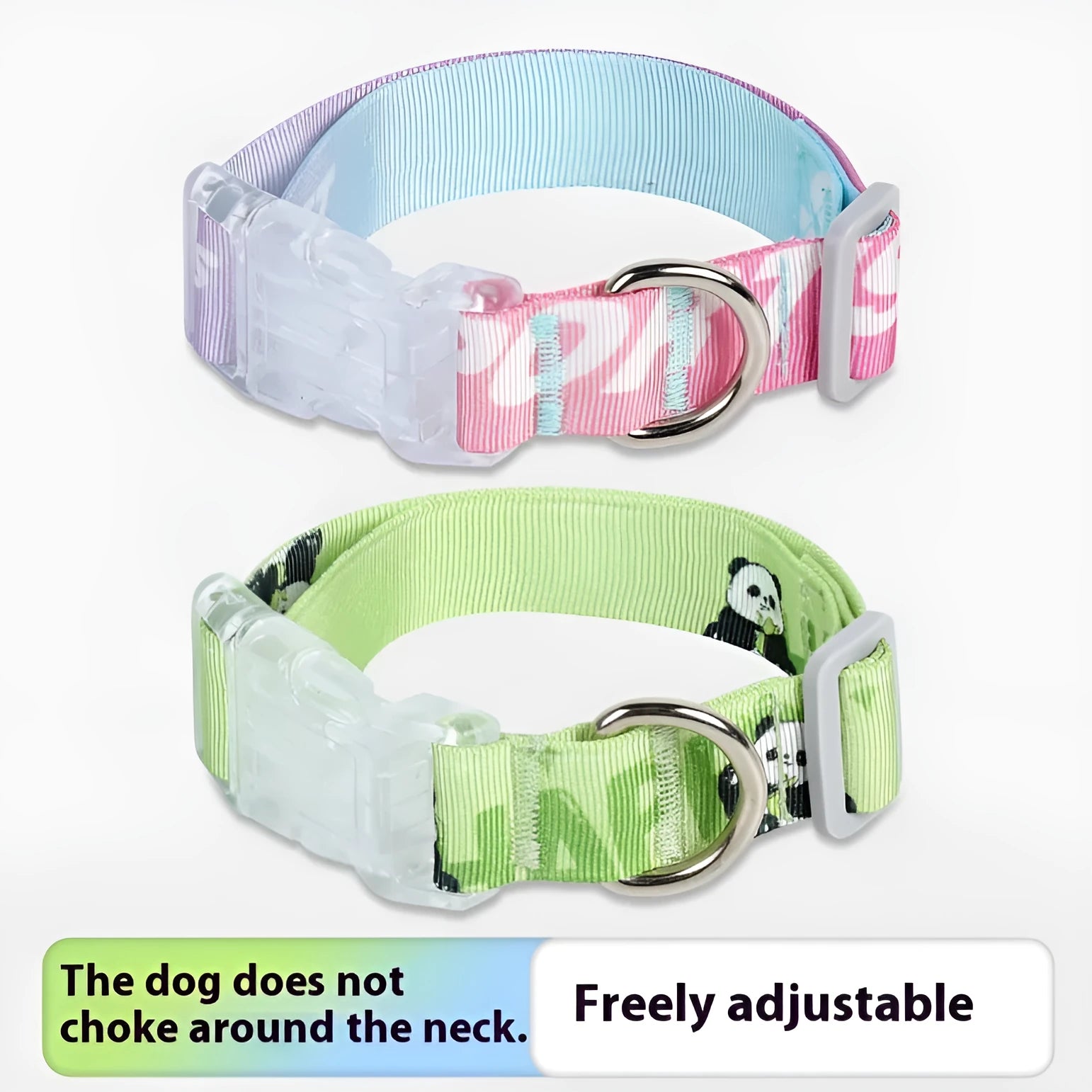 Green and colour gradient adjustable nylon dog collar with cartoon pattern, shown with buckle.