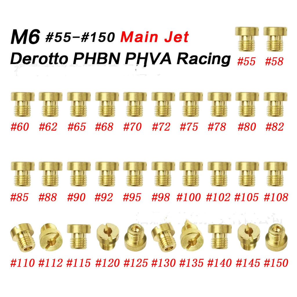 Brass M6 carburetor main jet for Derotto PHBN PHVA models on a white background.