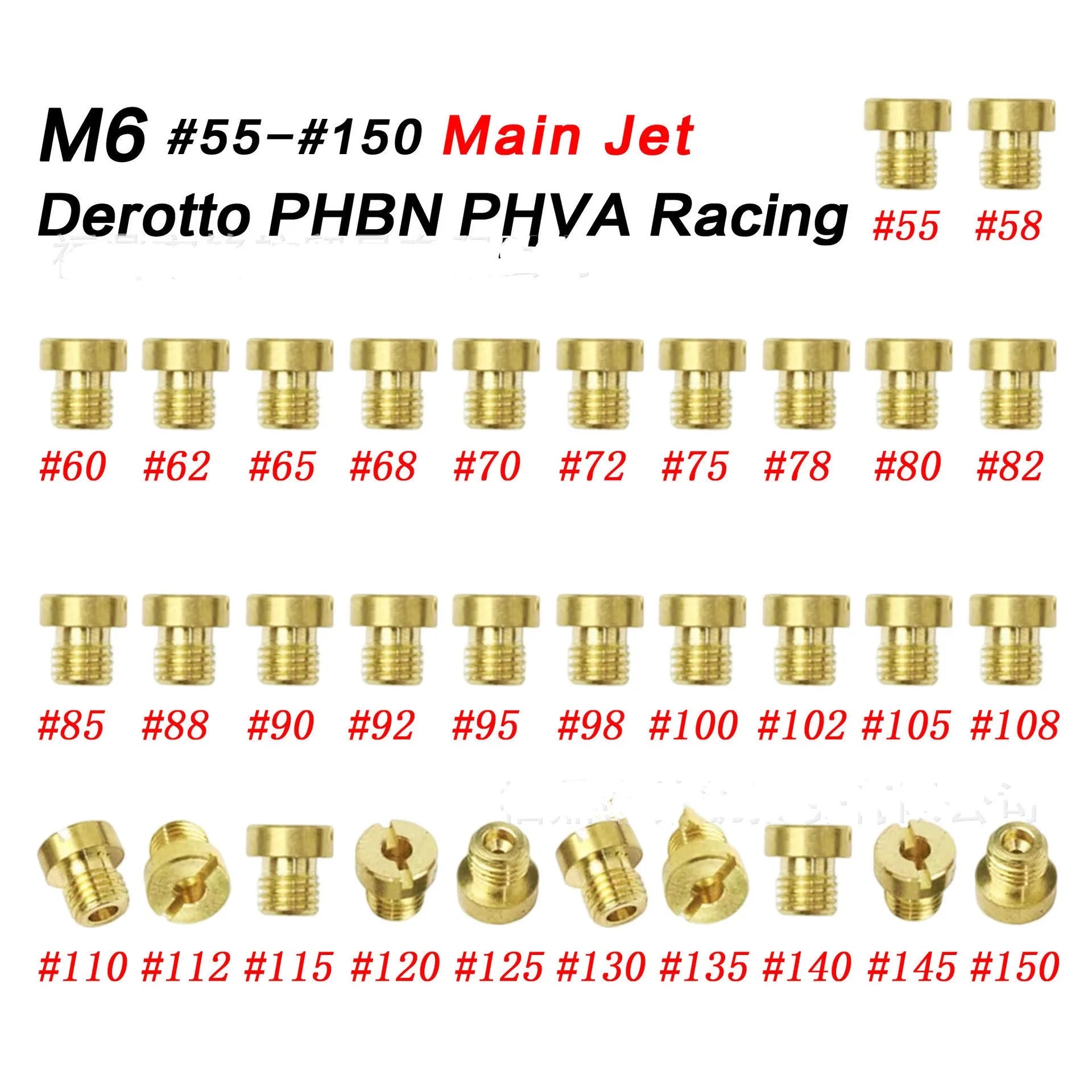 Brass M6 carburetor main jet for Derotto PHBN PHVA models on a white background.