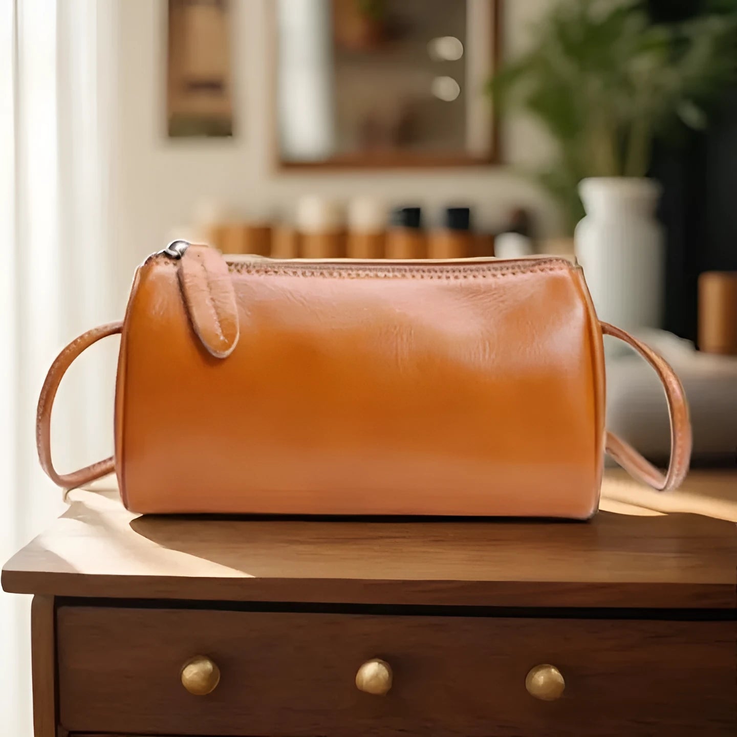 Genuine leather women's pillow crossbody bag in black, 20cm by 8cm by 15cm, with inner patch pocket, retro style
