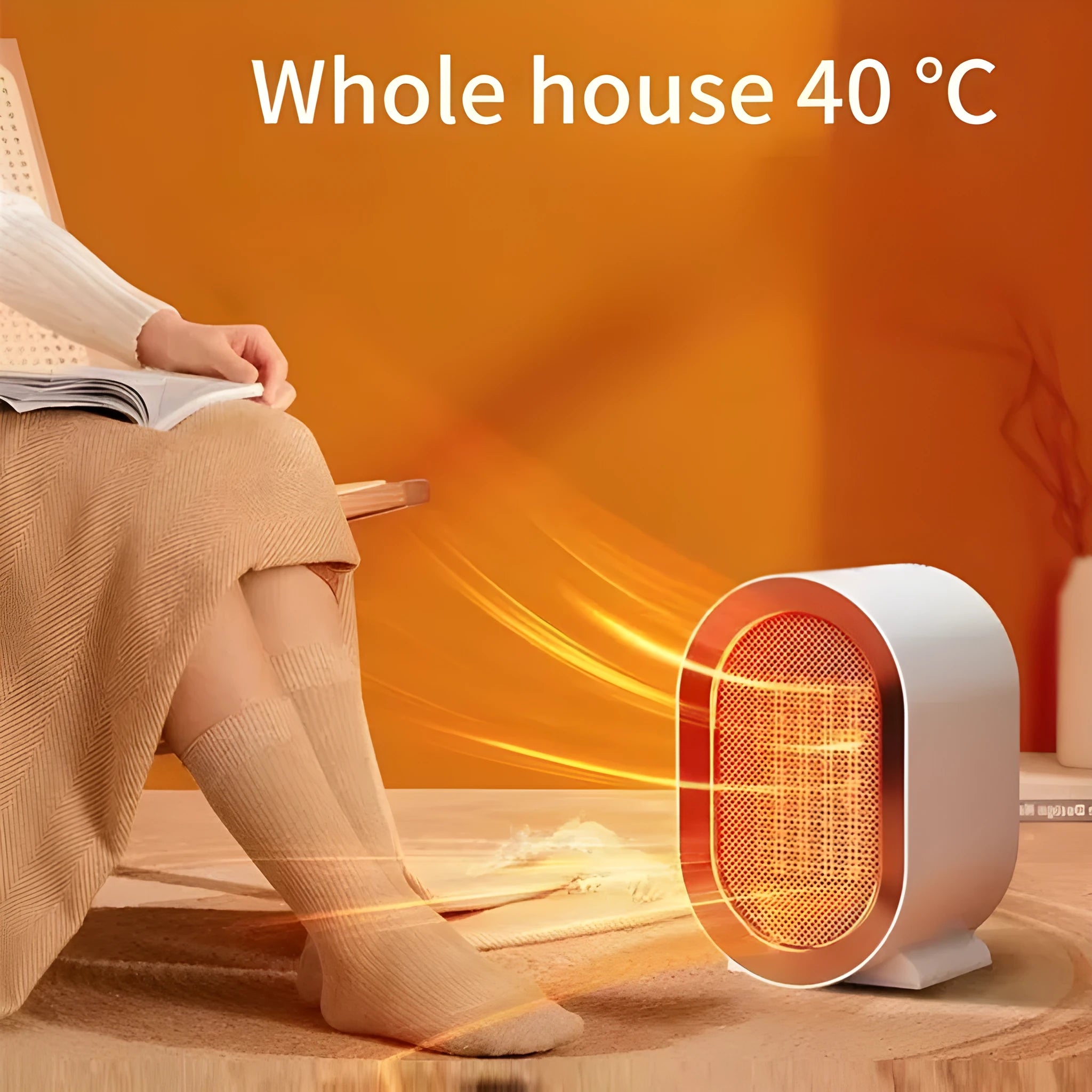 Compact black desktop electric ceramic fan heater with control knob on a wooden desk.
