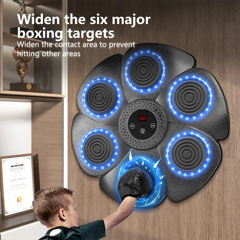 Black smart music boxing wall target with lights, paired with half-finger boxing gloves.