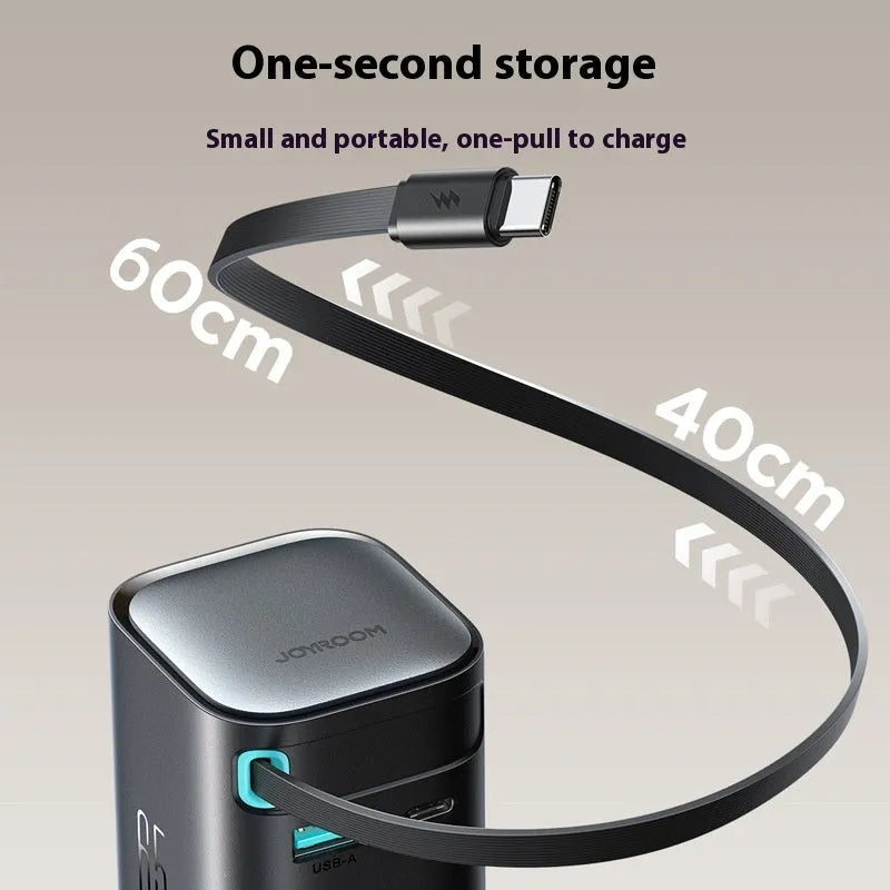 65W black telescopic Type-C PD fast charger with retracted cable, suitable for CN and EU models