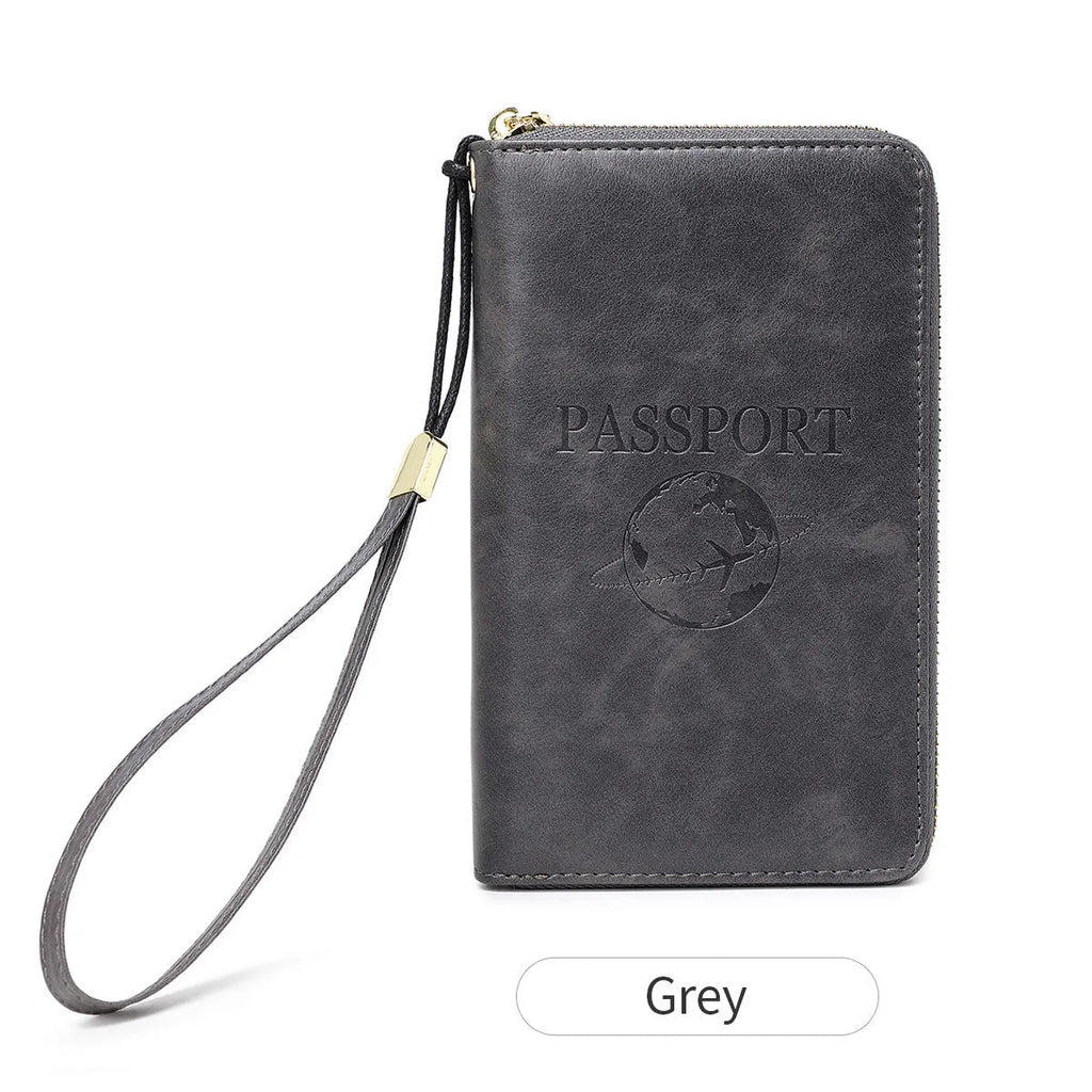 Brown PU leather travel document organiser with letter pattern, showing credit card slots.