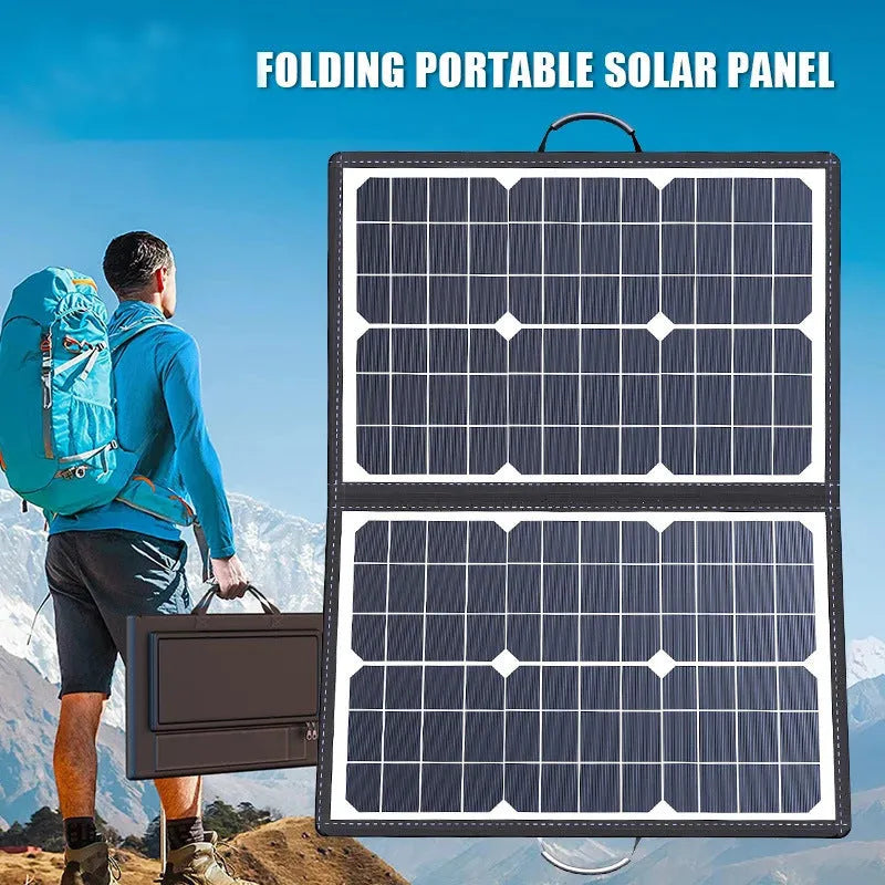 Black folding bag containing a 40W single crystal solar panel for portable outdoor charging.
