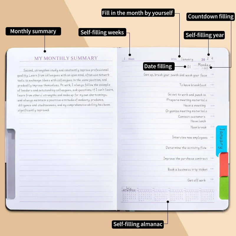 No date journal notebook with elastic strap closure in purple, showing thread binding and thick paper.