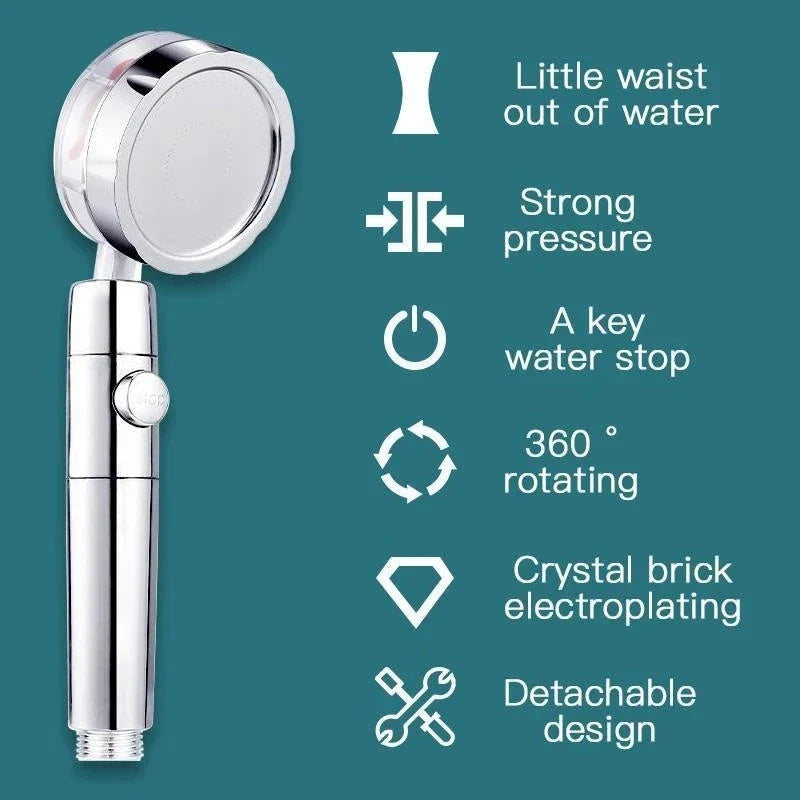 High-pressure handheld shower nozzle with cotton filter and stop button in various colours