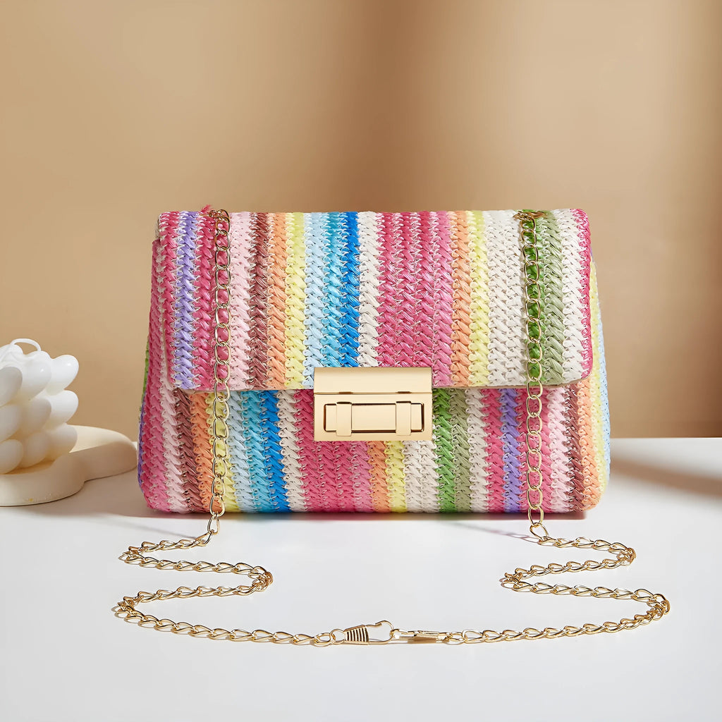 Soft straw women's cross-body bag in horizontal square shape with phone compartment