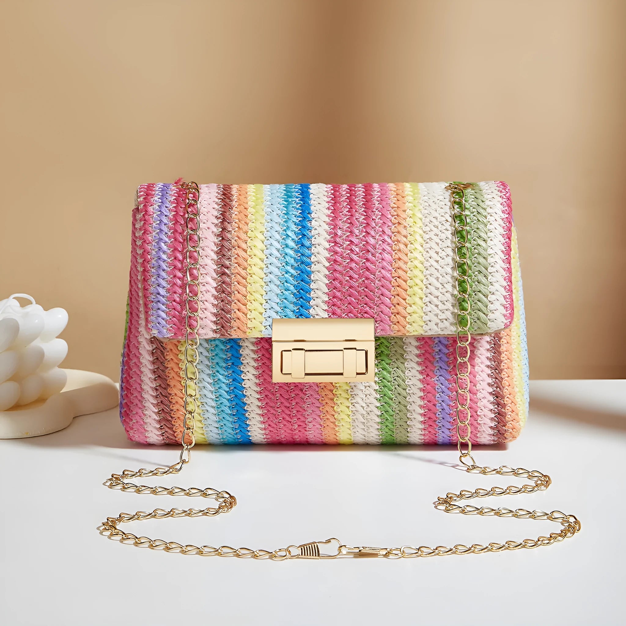 Soft straw women's cross-body bag in horizontal square shape with phone compartment