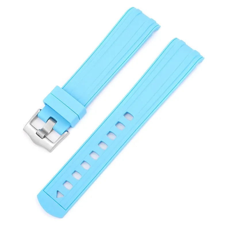 20mm width watch strap with silver buckle shown in multiple colour options including army green, sapphire blue, and dark red.