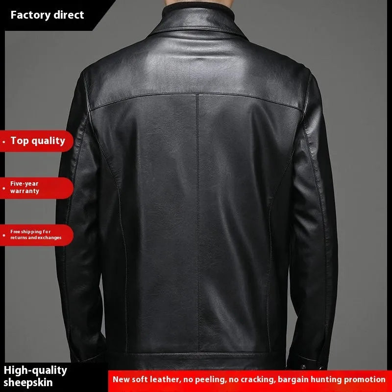 Thin fleece-lined genuine leather jacket for dad in black colour block design loose fit
