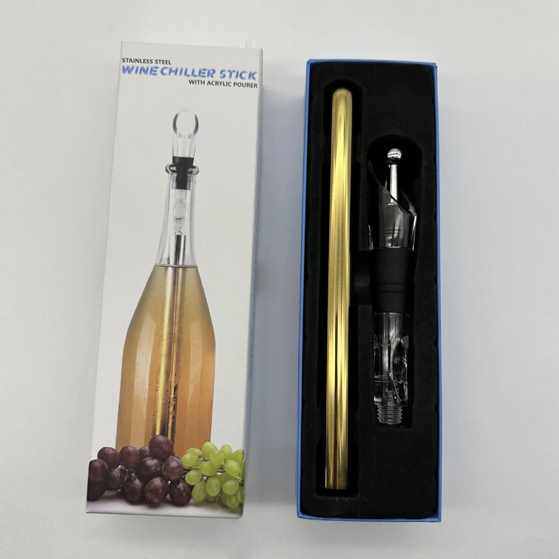 Stainless steel wine chilling rod with leakproof pourer