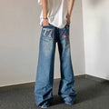 Blue embroidered high-waisted retro loose trousers for teenagers with zip placket cotton blend