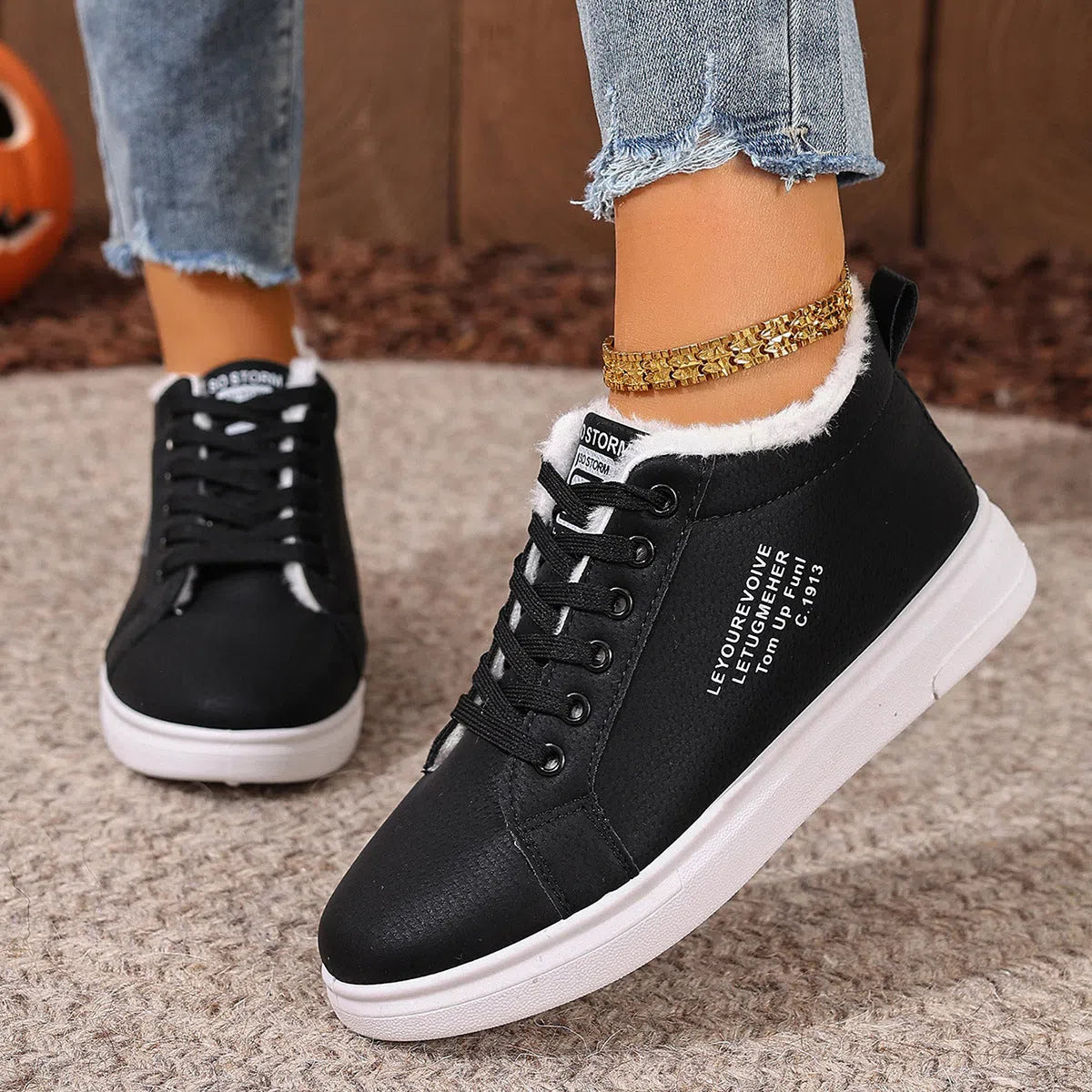 Women's fleece-lined lace-up casual sneakers with round toe, rubber sole, and artificial PU upper in black