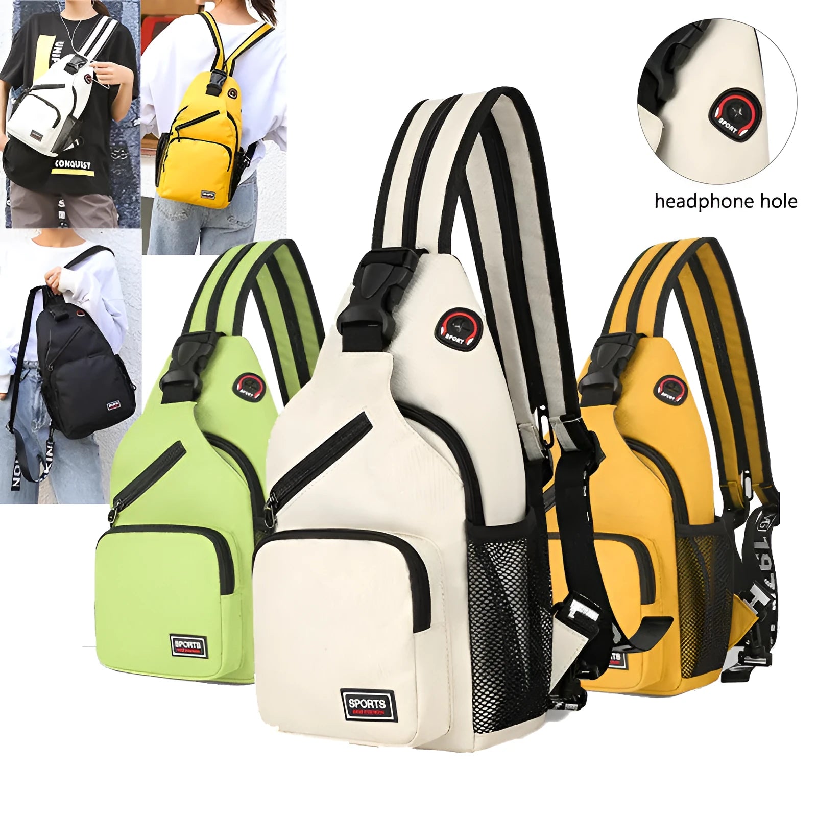 Hot sports chest bag for women in Oxford cloth, available in multiple colours including black and pink, with solid colour and car stitching detail.